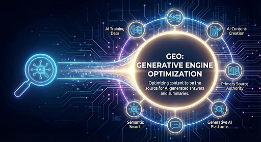 Generative Engine Optimization GEO graphic illustrating optimizing content to be the source for AI generated answers
