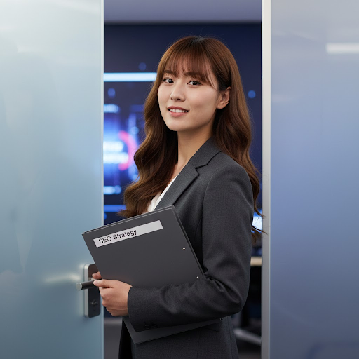 professional SEO expert in Malaysia holding a folder labeled SEO Strategy