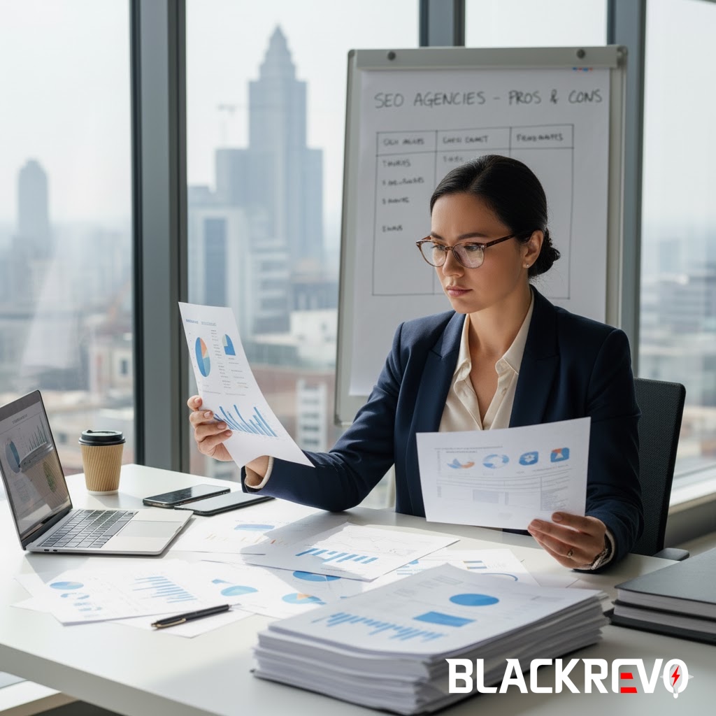 female-business-owner-reviewing-proposals-from-several-search-engine-optimization-agencies-on-multiple-pieces-of-paper.