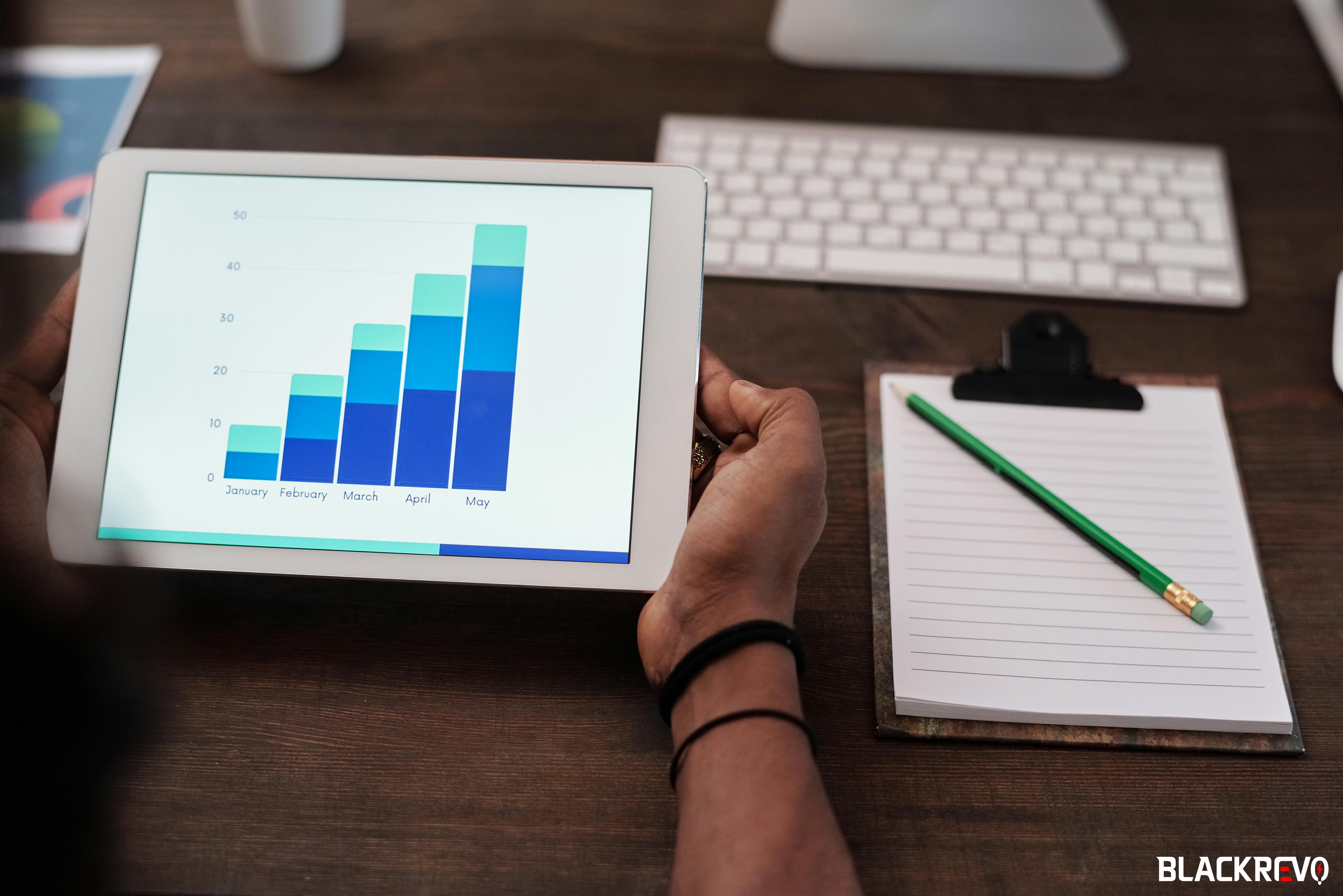 stacked bar graph on a tablet screen showing steady monthly increases