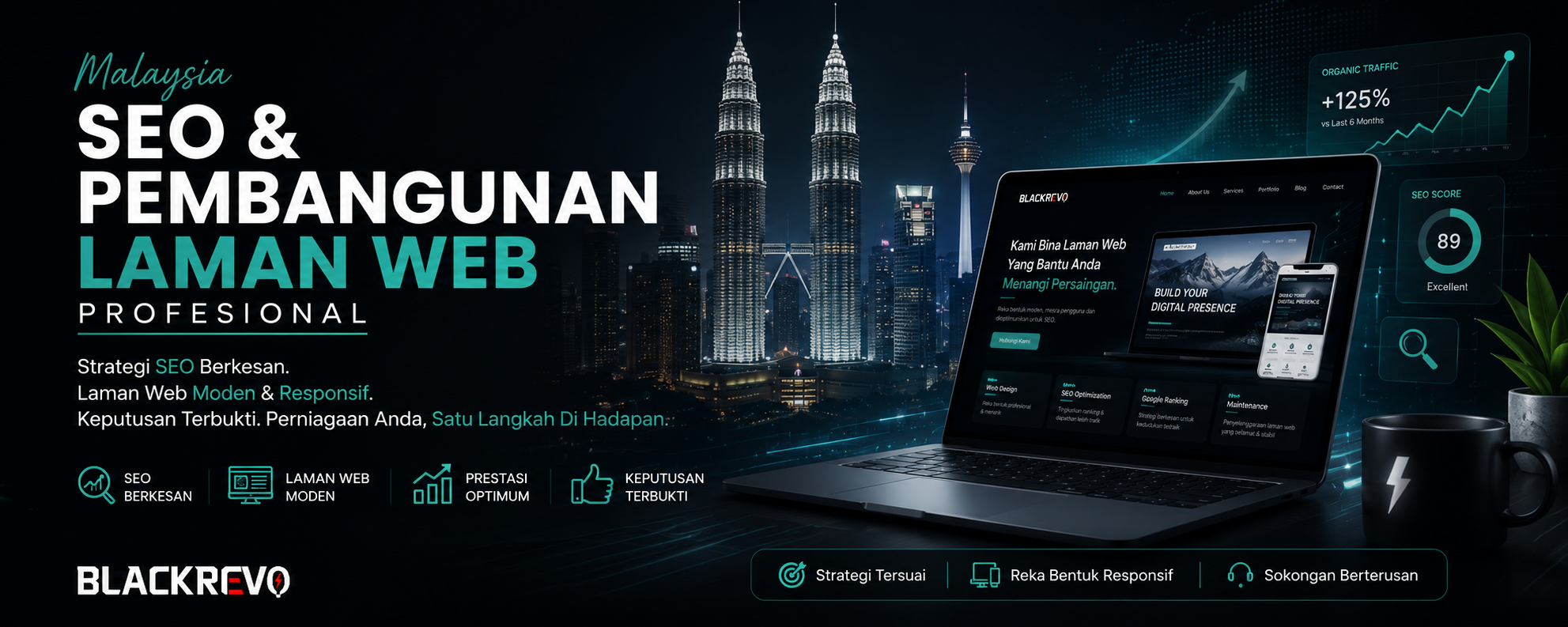 BlackRevo Malaysia SEO and professional website development services with a laptop displaying SEO analytics and Kuala Lumpur skyline